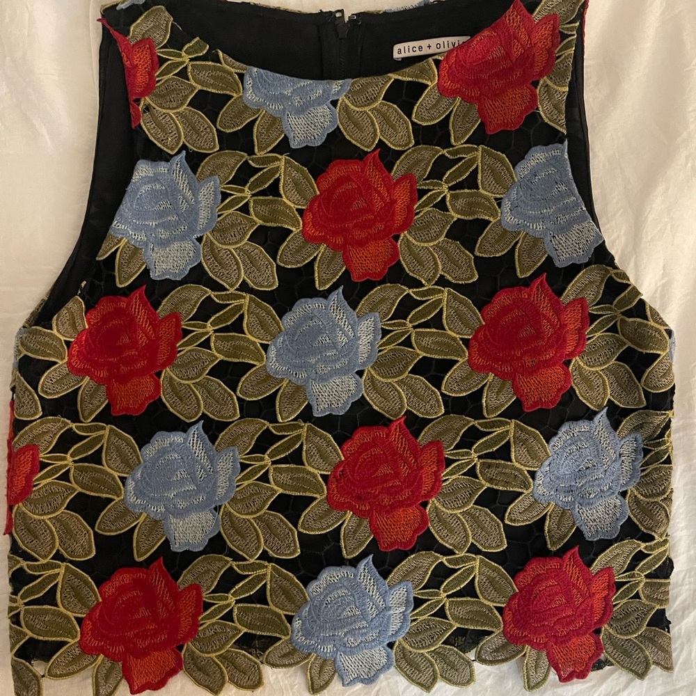 Alice + Olivia Black Crop Top with Red and Blue Floral Embroidery
